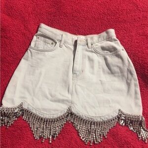 White Denim Skirt with Fringe